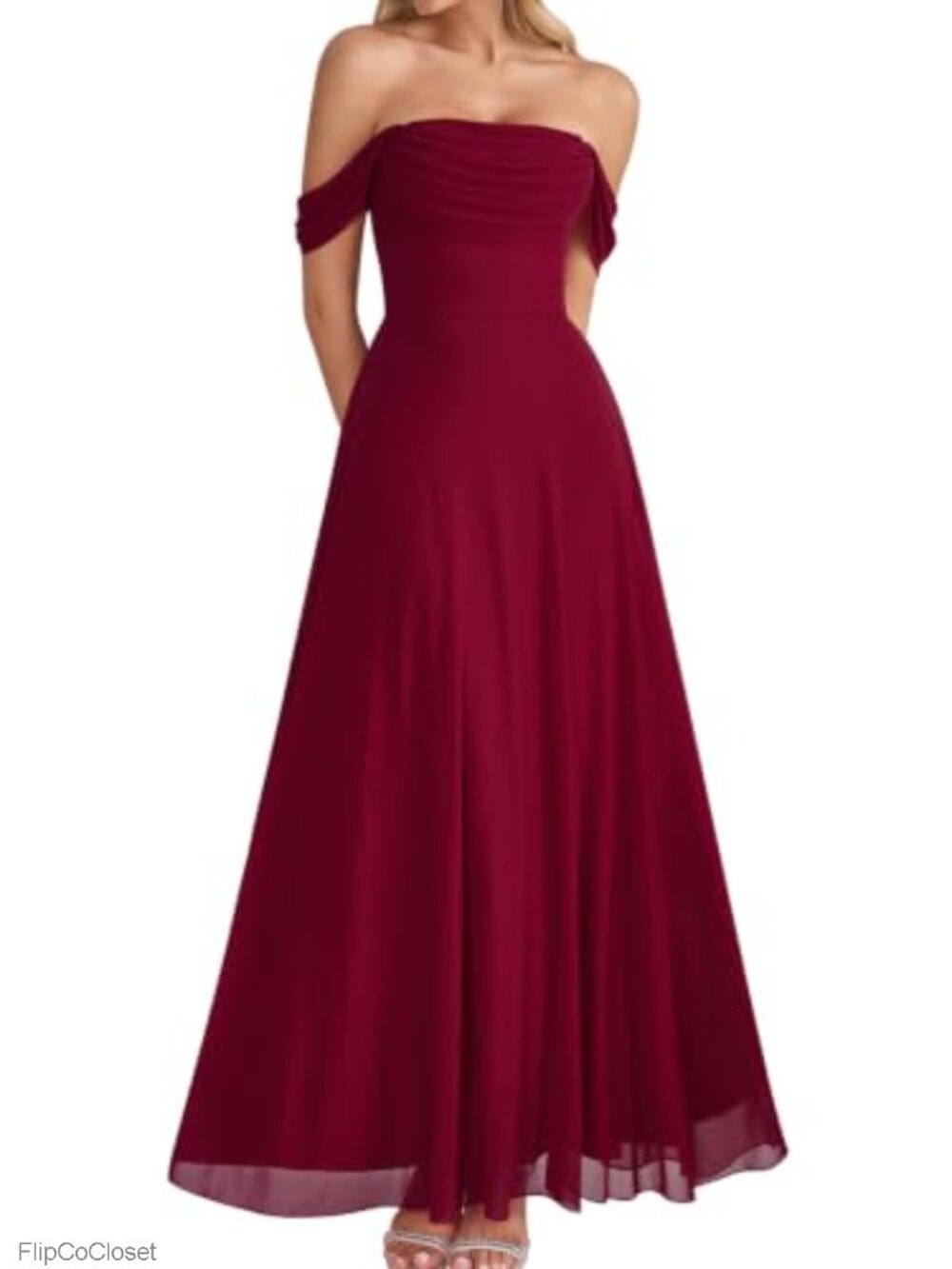 Off Shoulder Flowy Maxi Long Formal Wedding Guest Dress A-Line Ruched High Waist